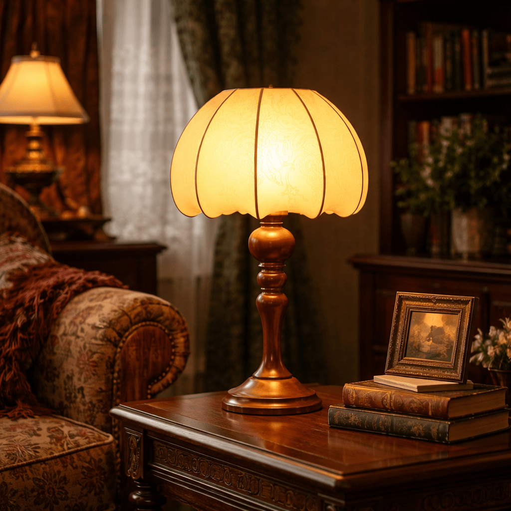 Antique Fabric Table Lamp | Bamboo Wood Mid - Century Modern Design | Warm LED Lighting for modern home decor in Button Switch color