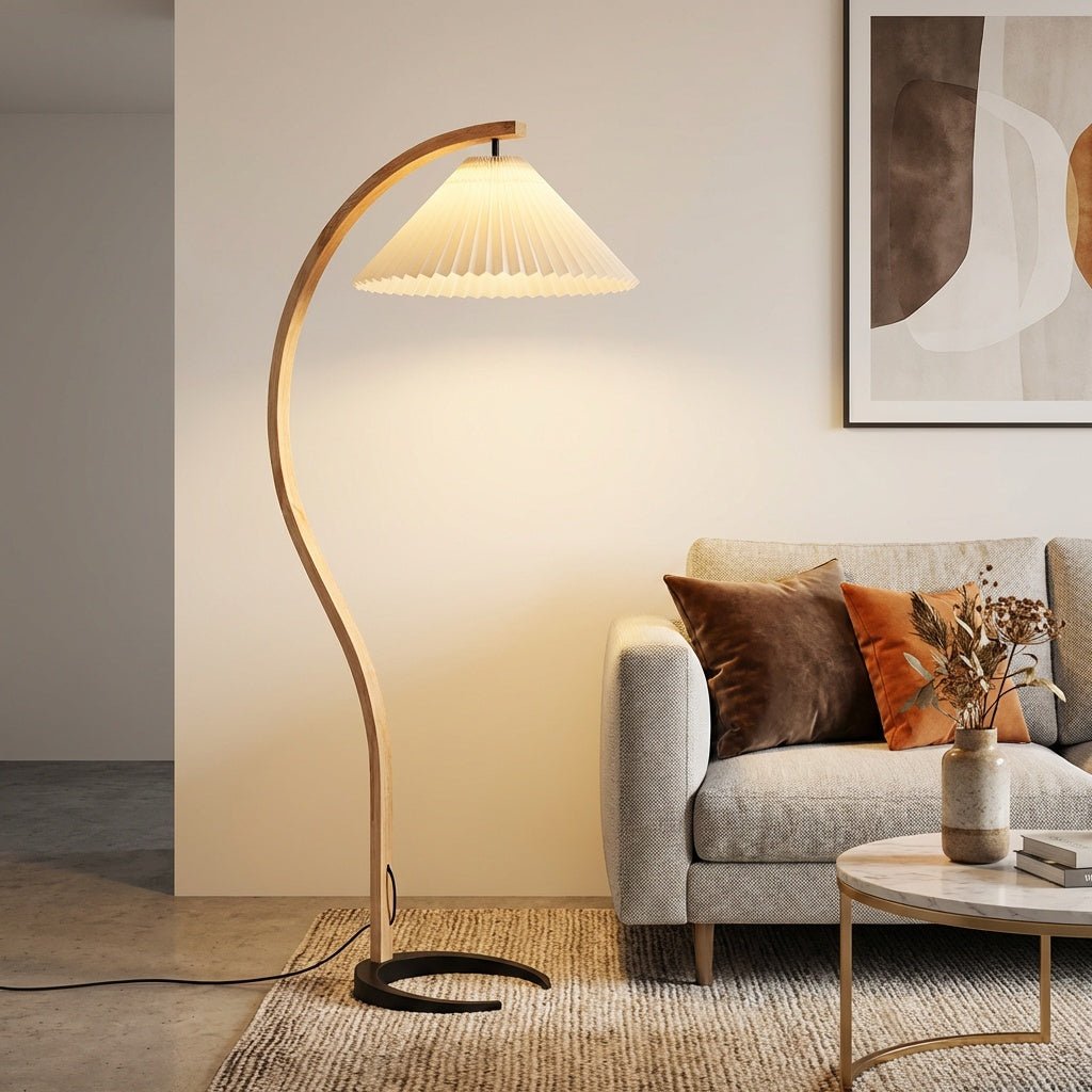 Arc Floor Lamp | Bent Beech Wood Standing Lamp with Linen Shade for Living Room Floor Lamps for modern home decor in White color
