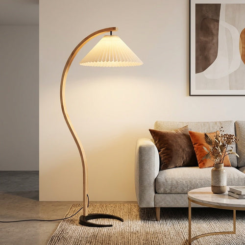 Arc Floor Lamp | Bent Beech Wood Standing Lamp with Linen Shade for Living Room Floor Lamps for modern home decor in White color