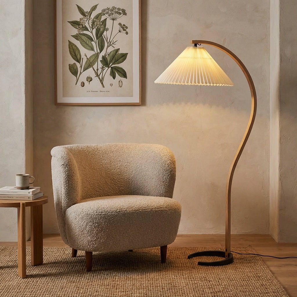 Arc Floor Lamp | Bent Beech Wood Standing Lamp with Linen Shade for Living Room Floor Lamps for modern home decor in White color
