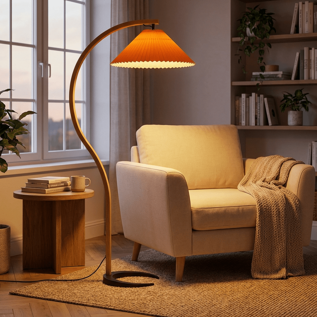 Arc Floor Lamp | Bent Beech Wood Standing Lamp with Linen Shade for Living Room Floor Lamps for modern home decor in White color