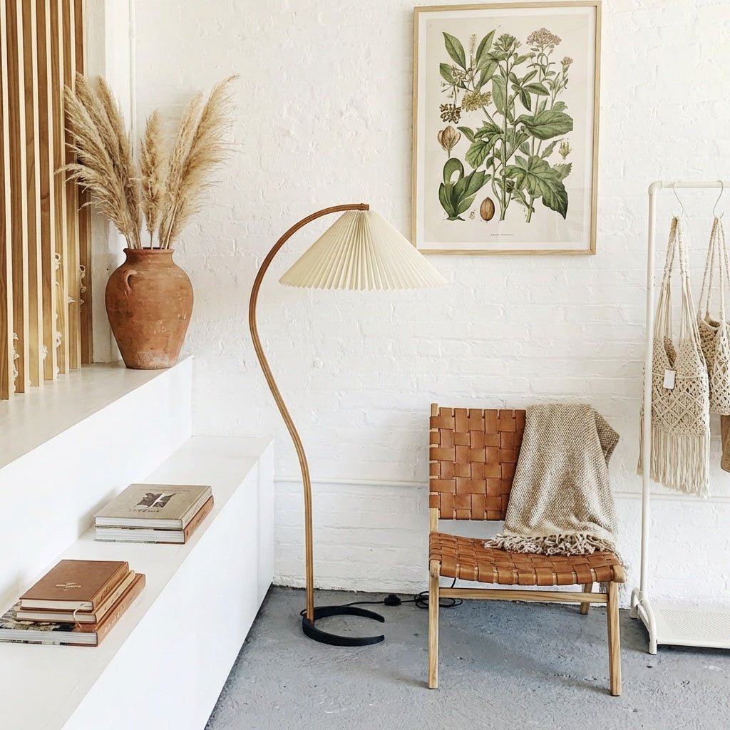 Arc Floor Lamp | Bent Beech Wood Standing Lamp with Linen Shade for Living Room Floor Lamps for modern home decor in White color