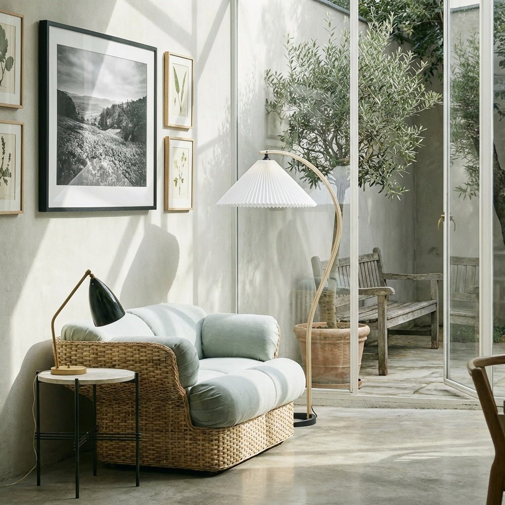 Arc Floor Lamp | Bent Beech Wood Standing Lamp with Linen Shade for Living Room Floor Lamps for modern home decor in White color