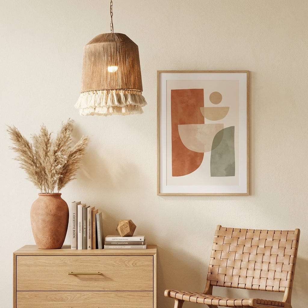 Bohemian Hemp Rope Chandelier | Rattan Tassel Pendant Light for Dining Room Lighting for modern home decor in Drum color