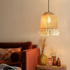 Bohemian Hemp Rope Chandelier | Rattan Tassel Pendant Light for Dining Room Lighting for modern home decor in Drum color