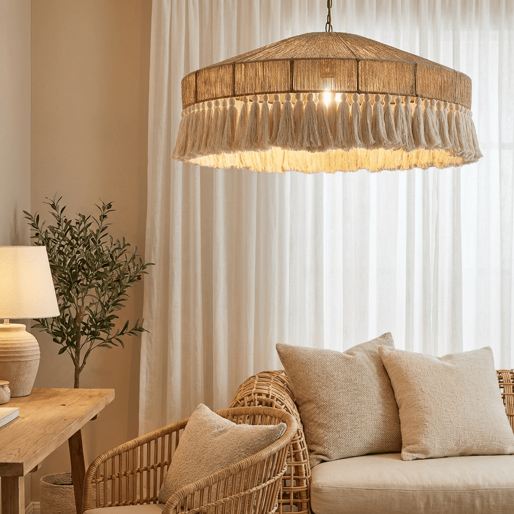 Bohemian Hemp Rope Chandelier | Rattan Tassel Pendant Light for Dining Room Lighting for modern home decor in Drum color