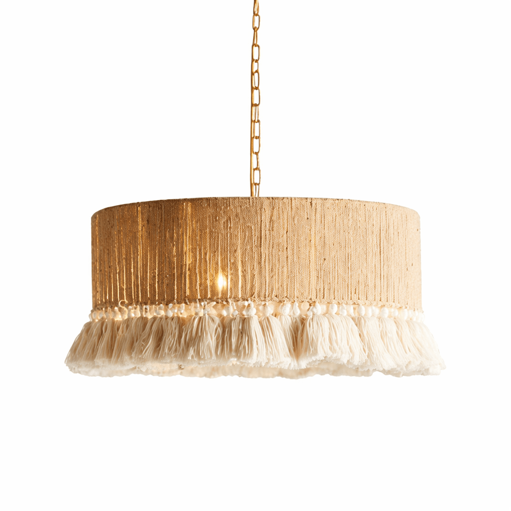 Bohemian Hemp Rope Chandelier | Rattan Tassel Pendant Light for Dining Room Lighting for modern home decor in Drum color