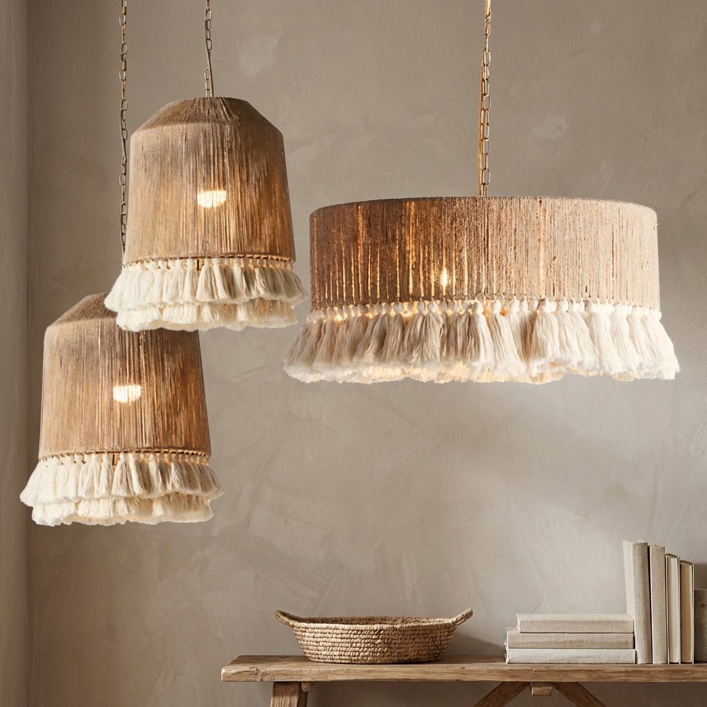 Bohemian Hemp Rope Chandelier | Rattan Tassel Pendant Light for Dining Room Lighting for modern home decor in Drum color