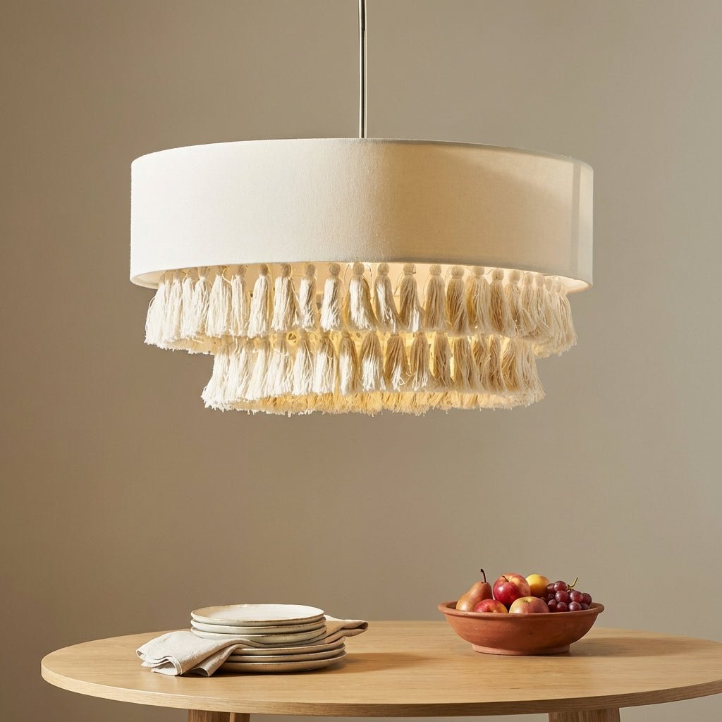 Bohemian Hemp Rope Chandelier | Rattan Tassel Pendant Light for Dining Room Lighting for modern home decor in Drum color