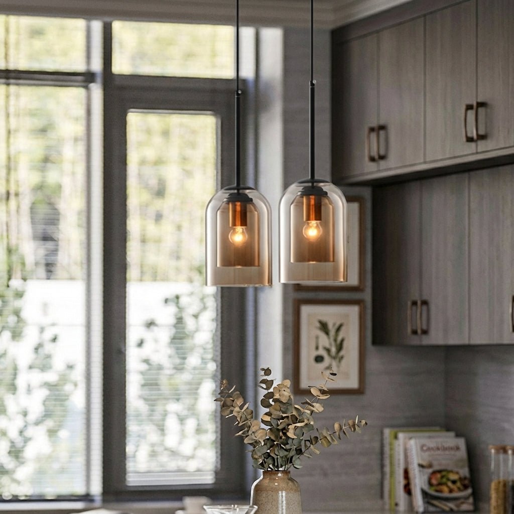 Double Glass Pendant Light | Modern Mid - Century Kitchen & Dining Hanging Light Lighting - Pendant Lights for modern home decor in Smoke Grey color