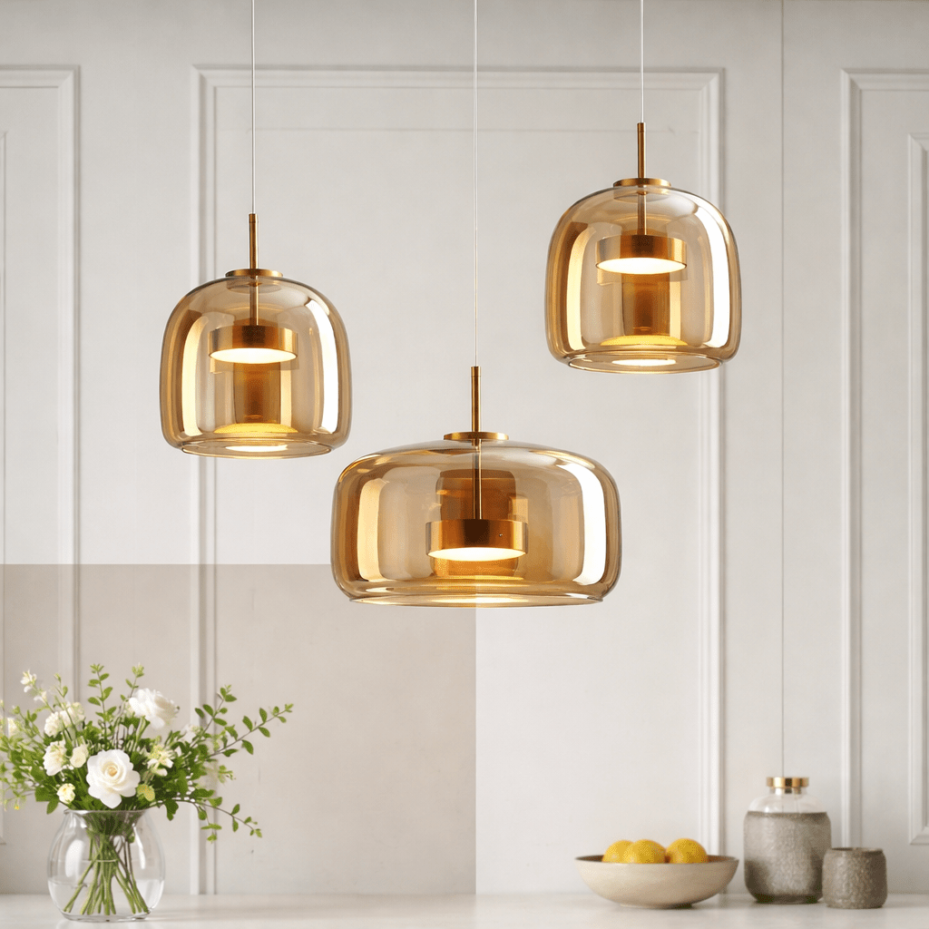 Glass Pendant Light | Hand - Blown Smoke Gray Fixture for Kitchen Island Lighting Lighting for modern home decor in Amber color