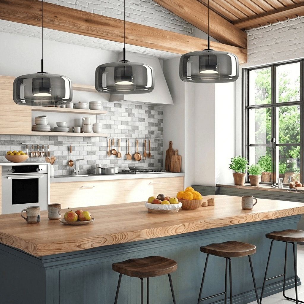 Glass Pendant Light | Hand - Blown Smoke Gray Fixture for Kitchen Island Lighting Lighting for modern home decor in Amber color