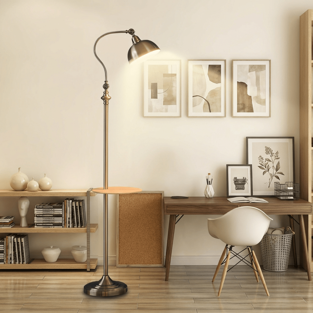 Industrial Floor Lamp with Wooden Shelf | Wrought Iron Task Light | Rustic Gold Finish Lamps for modern home decor in Default color