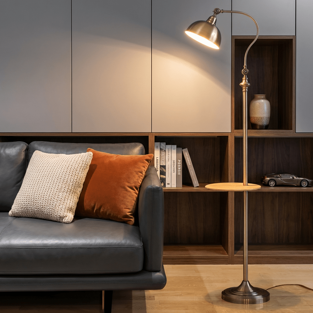 Industrial Floor Lamp with Wooden Shelf | Wrought Iron Task Light | Rustic Gold Finish Lamps for modern home decor in Default color