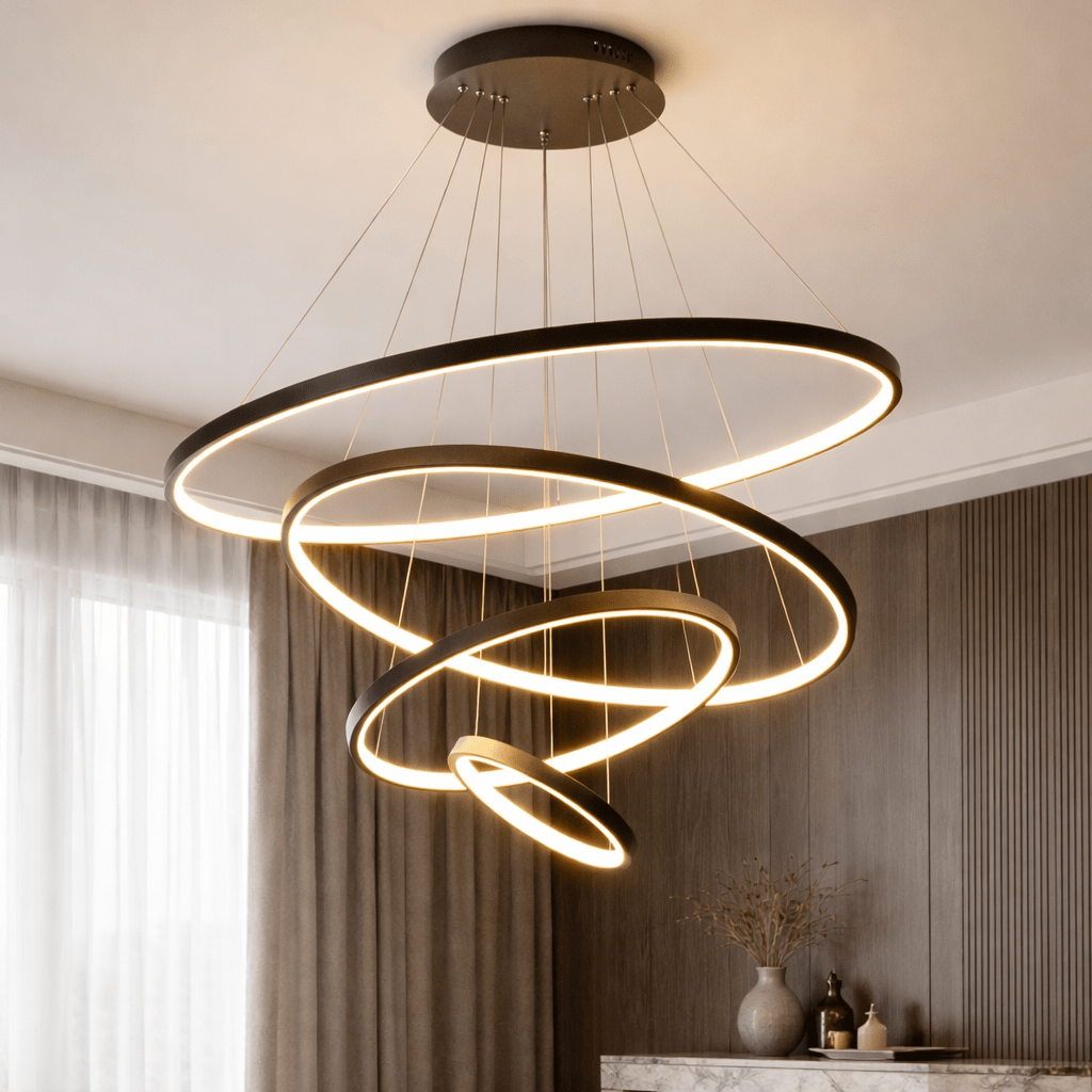 LED Ring Chandelier | Modern Adjustable Multi - Ring Ceiling Light Fixture Chandeliers for modern home decor in Black color