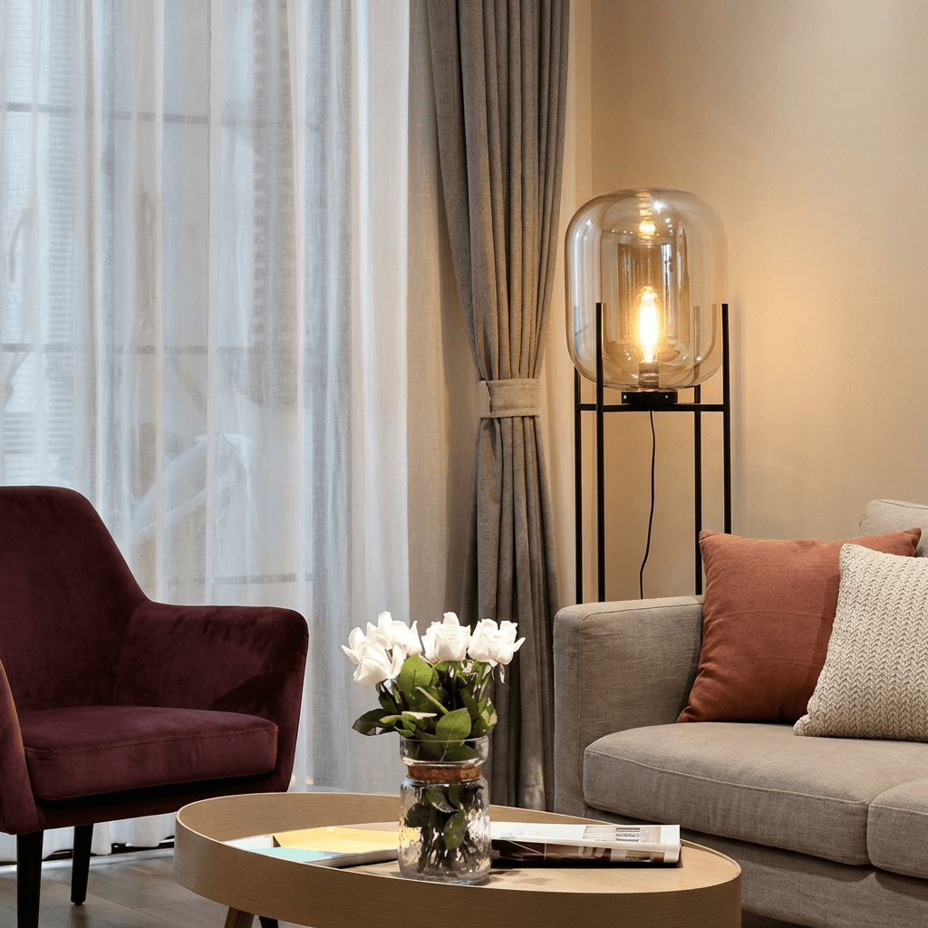 Modern Glass Floor & Table Lamp | Iron Framework LED Lighting | Amber & Smoke Lamps for modern home decor in Amber color