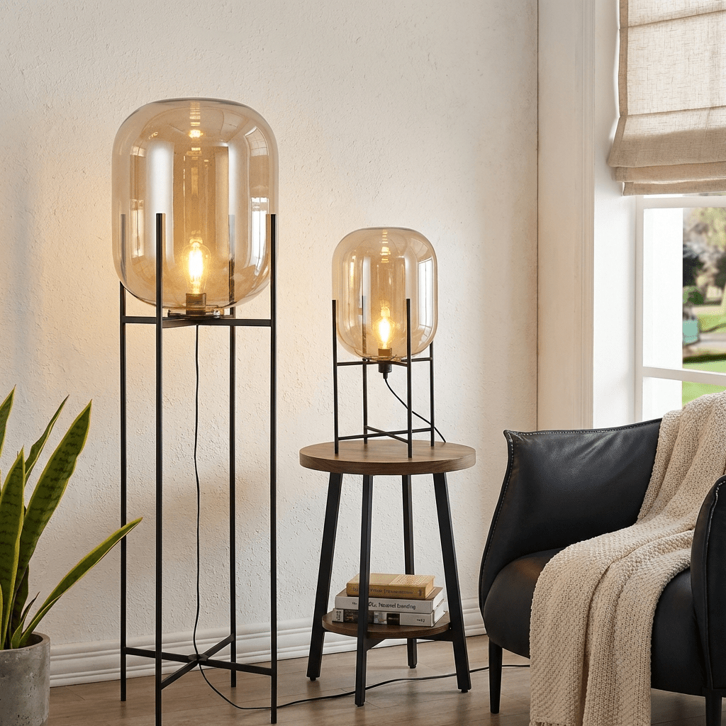 Modern Glass Floor & Table Lamp | Iron Framework LED Lighting | Amber & Smoke Lamps for modern home decor in Amber color