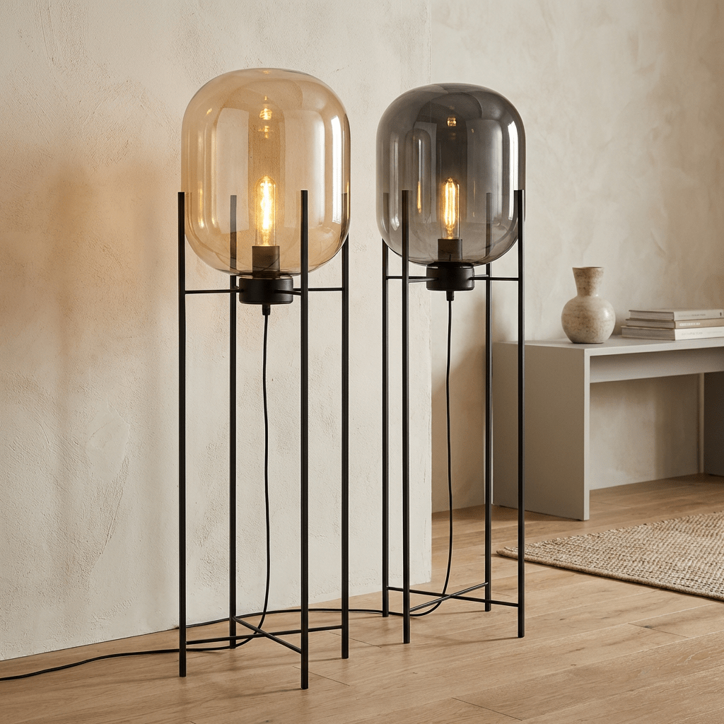 Modern Glass Floor & Table Lamp | Iron Framework LED Lighting | Amber & Smoke Lamps for modern home decor in Amber color