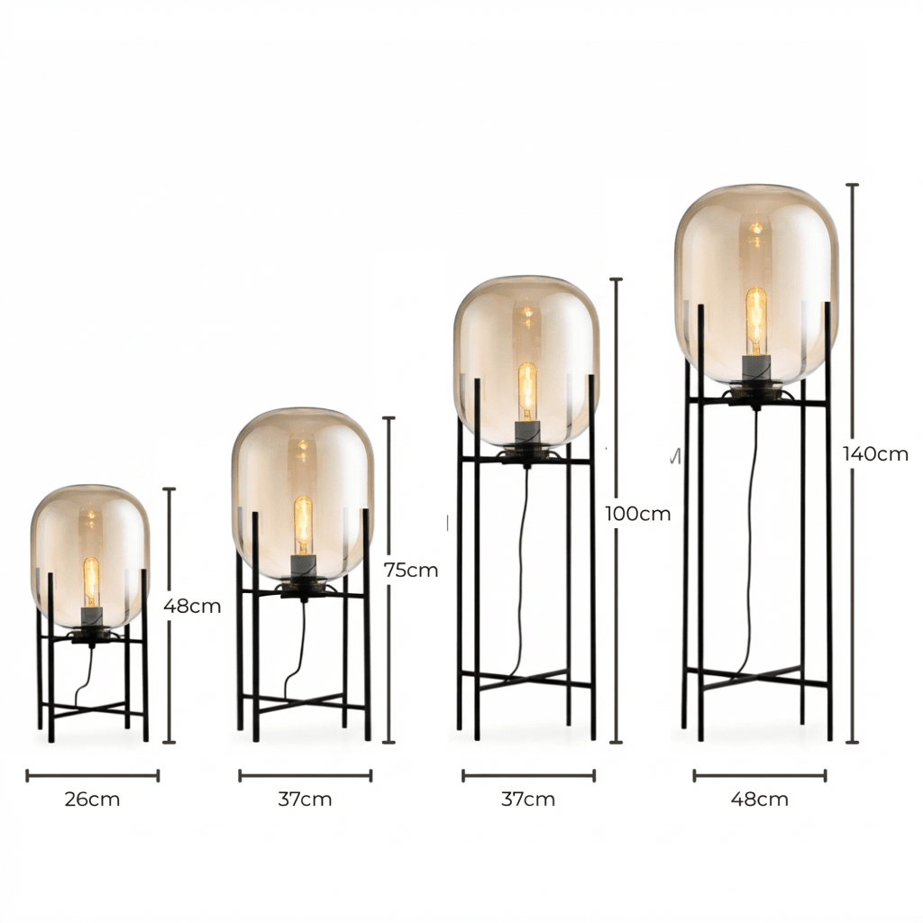 Modern Glass Floor & Table Lamp | Iron Framework LED Lighting | Amber & Smoke Lamps for modern home decor in Amber color
