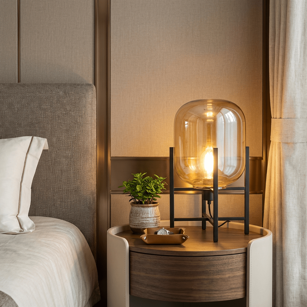 Modern Glass Floor & Table Lamp | Iron Framework LED Lighting | Amber & Smoke Lamps for modern home decor in Amber color