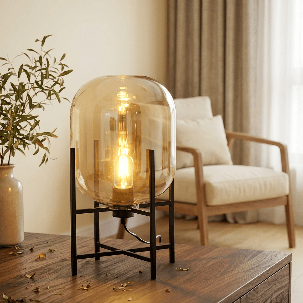 Modern Glass Floor & Table Lamp | Iron Framework LED Lighting | Amber & Smoke Lamps for modern home decor in Smoke color