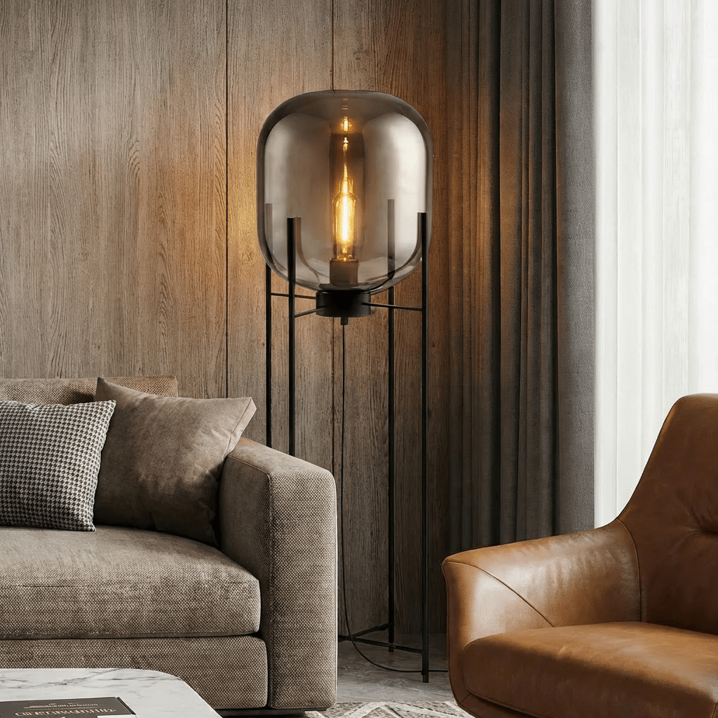 Modern Glass Floor & Table Lamp | Iron Framework LED Lighting | Amber & Smoke Lamps for modern home decor in Smoke color