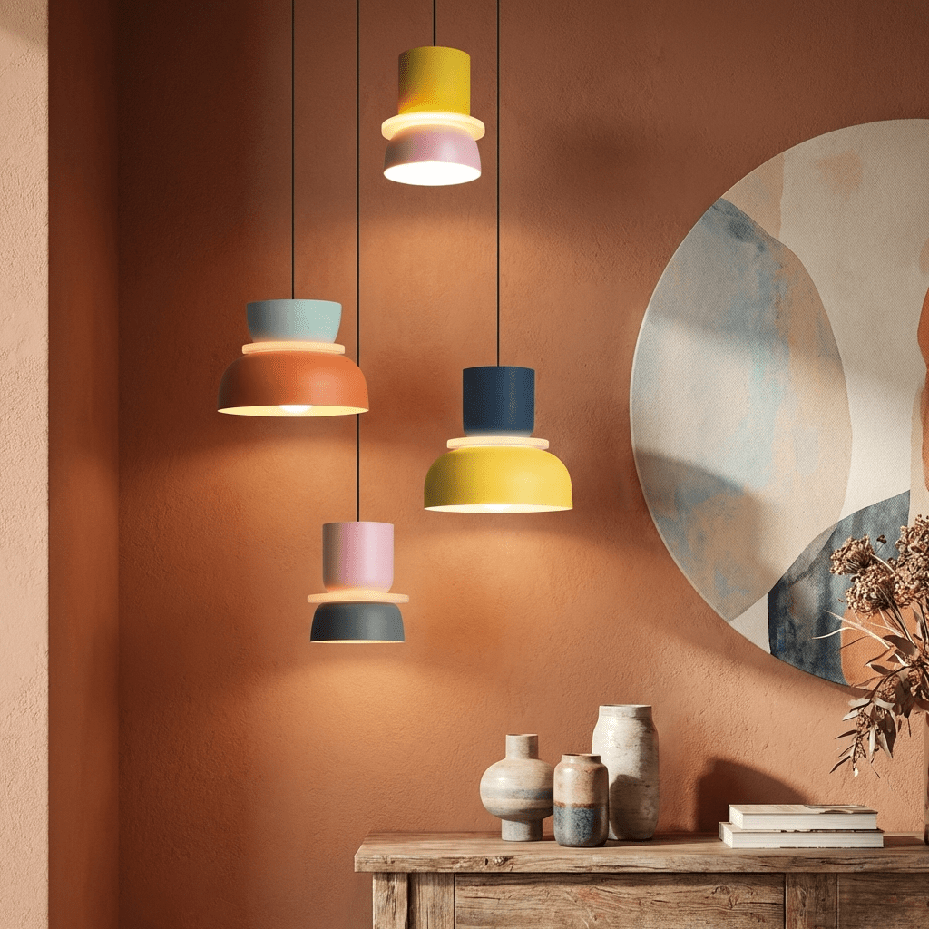 Modern LED Pendant Light | Colourful Scandinavian Hanging Lamp | Macaron Kitchen Island Lighting Pendant Lights for modern home decor in Small - Yellow & Pink color