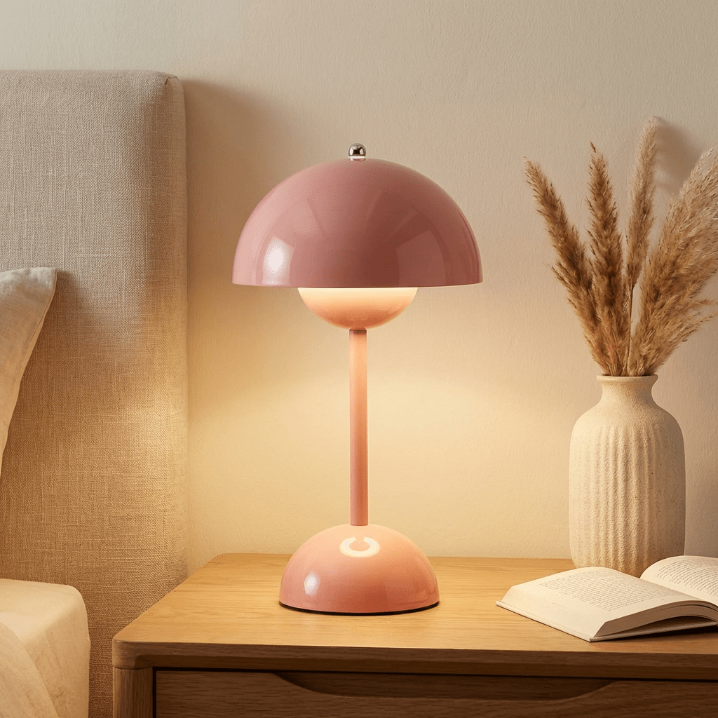 Mushroom Bedside Table Lamp | Rechargeable Touch Control | USB Desk Light Night Lights for modern home decor in Burgundy color