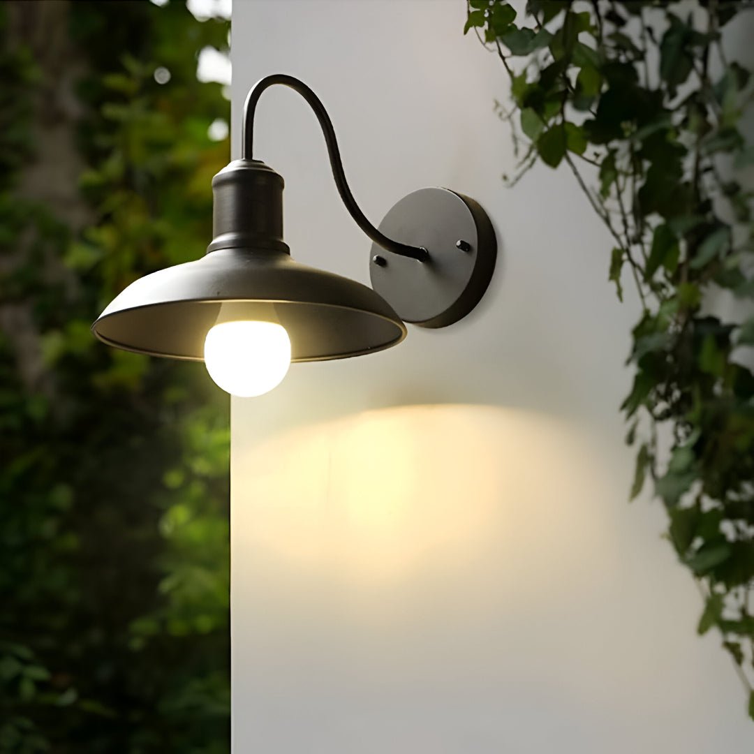 Timeless Outdoor Wall Lantern | Industrial Gooseneck Iron LED Wall Sconce with Bowl Shade Outdoor Lighting for modern home decor in Antique Silver color