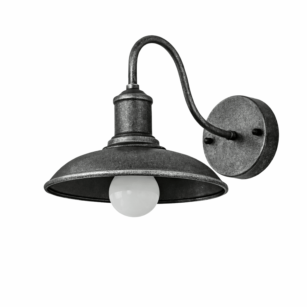 Timeless Outdoor Wall Lantern | Industrial Gooseneck Iron LED Wall Sconce with Bowl Shade Outdoor Lighting for modern home decor in Antique Silver color