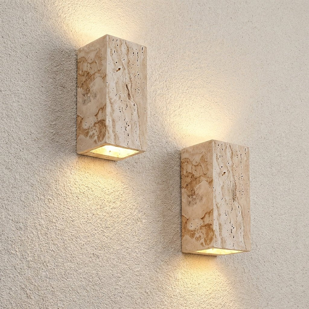 Travertine Up & Down Outdoor Wall Light | Natural Stone LED Exterior Sconce IP65 Outdoor Lighting for modern home decor in Square (H12cm) color