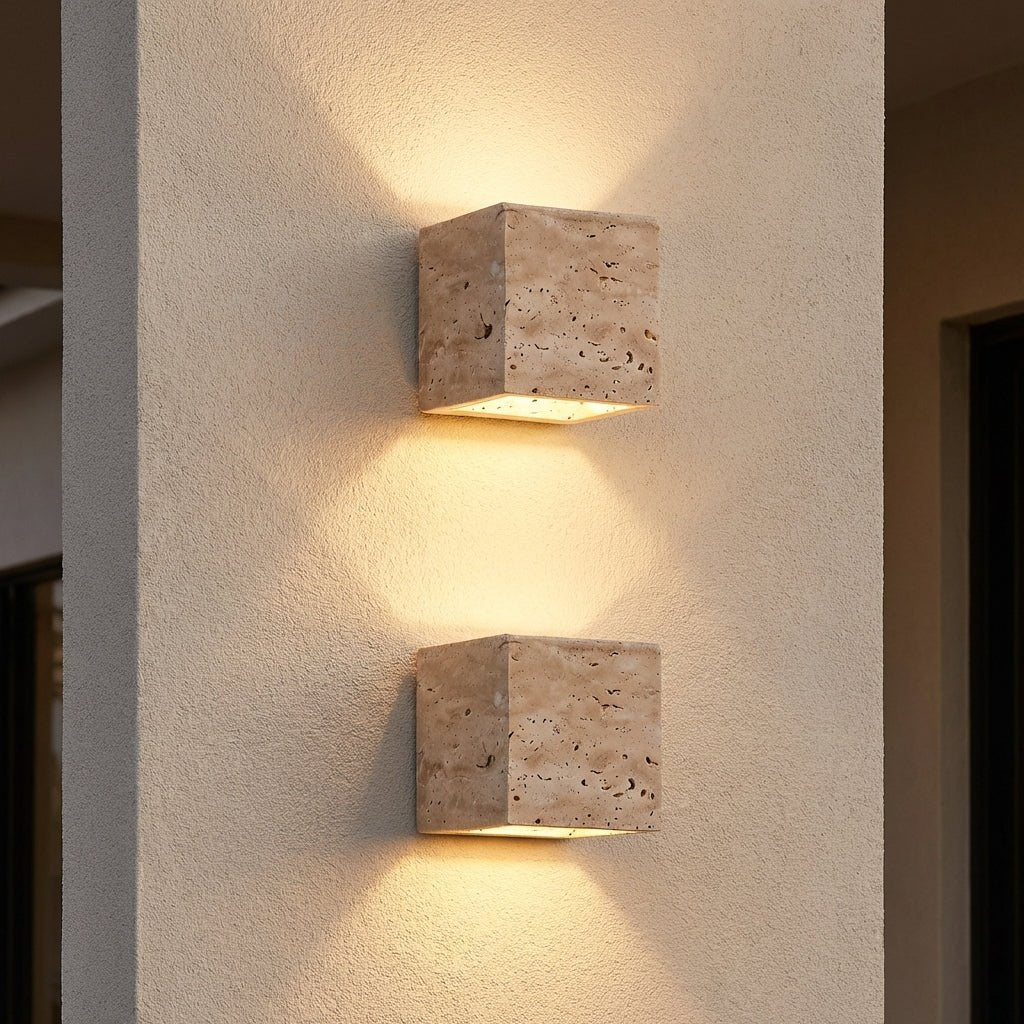 Travertine Up & Down Outdoor Wall Light | Natural Stone LED Exterior Sconce IP65 Outdoor Lighting for modern home decor in Square (H12cm) color
