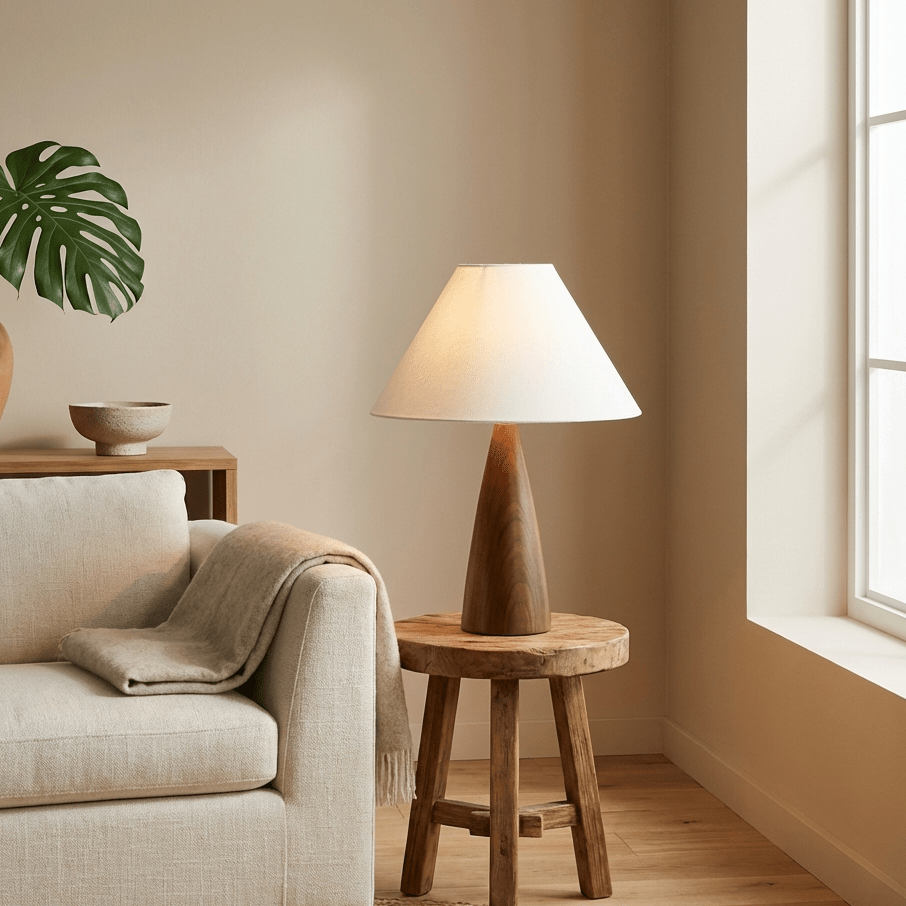 Wood Table Lamp | Retro Solid Wood Base with Fabric Shade Lamps for modern home decor in Linen color