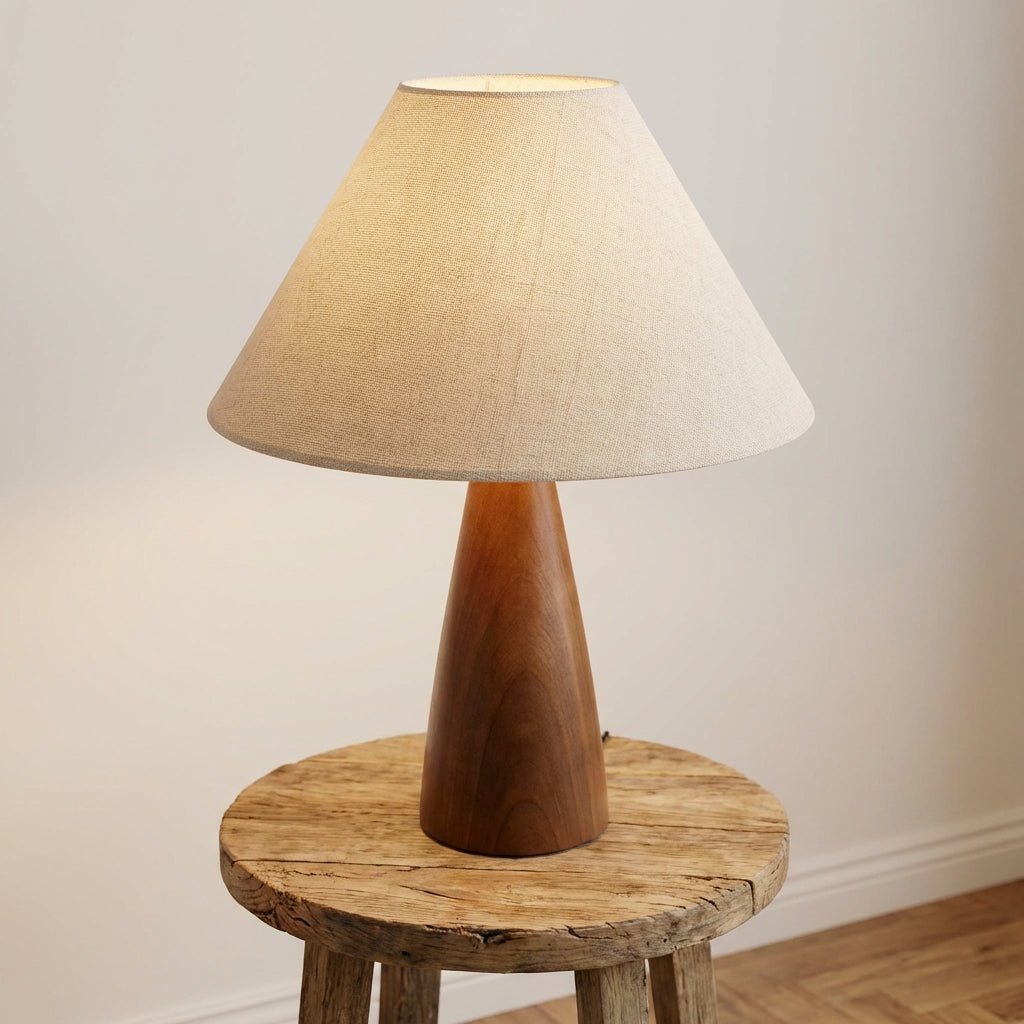 Wood Table Lamp | Retro Solid Wood Base with Fabric Shade Lamps for modern home decor in Linen color