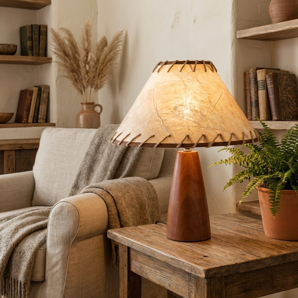 Wood Table Lamp | Retro Solid Wood Base with Fabric Shade Lamps for modern home decor in Linen color